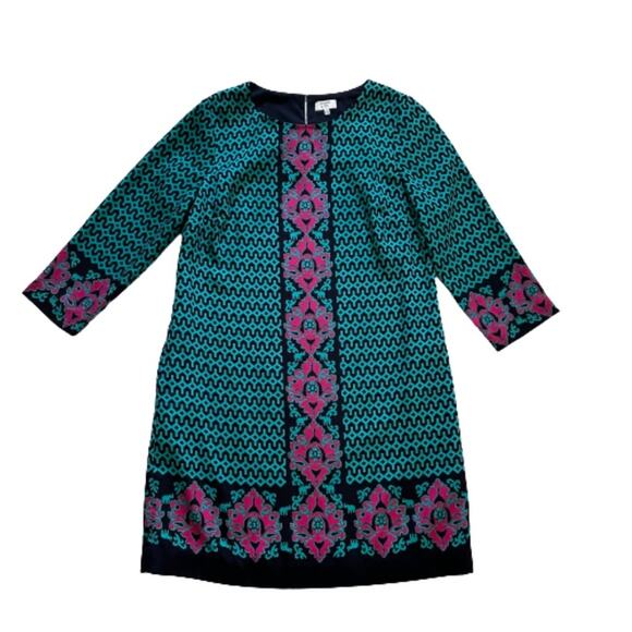 Crown & Ivy Dress Shift 3/4 Sleeve Geo Elephant Print Navy Turquoise Pink Size 8 - Picture 12 of 12